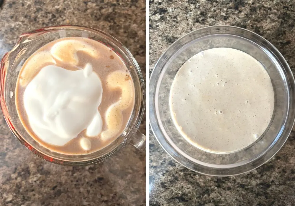 Two photos; one shows heavy cream and vanilla extract added to the ice cream base, the other shows the mixture in a Ninja Creami pint container for freezing.