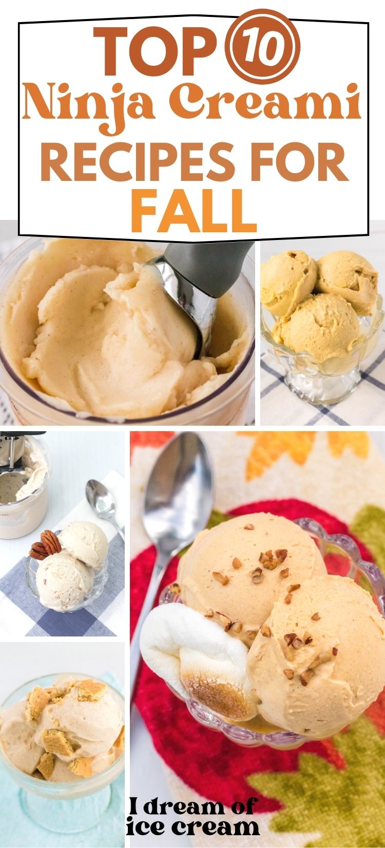 collage image featuring five Ninja Creami fall ice cream flavors, such as pumpkin, sweet potato, apple pie, banana nut, and spiced pear.