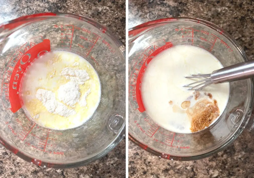 two photos; one shows milk and pudding mix in a glass measuring cup; the other shows vanilla extract and heavy cream added to the milk mixture.