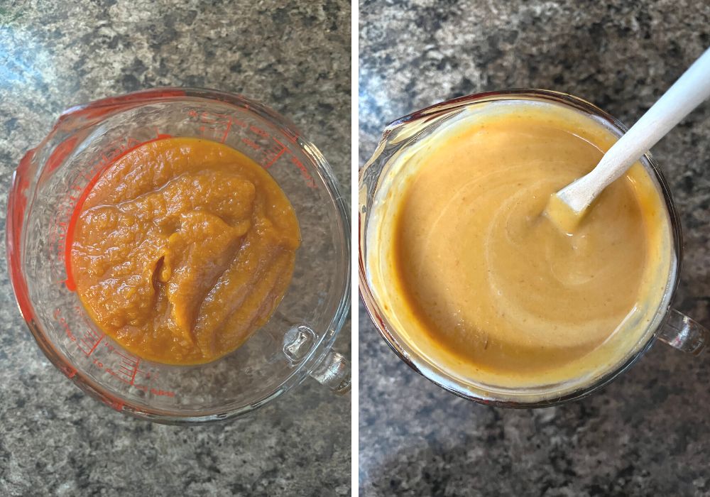 two photos; one shows pumpkin pie filling mix in a glass measuring cup; the other shows cream blended into the filling.