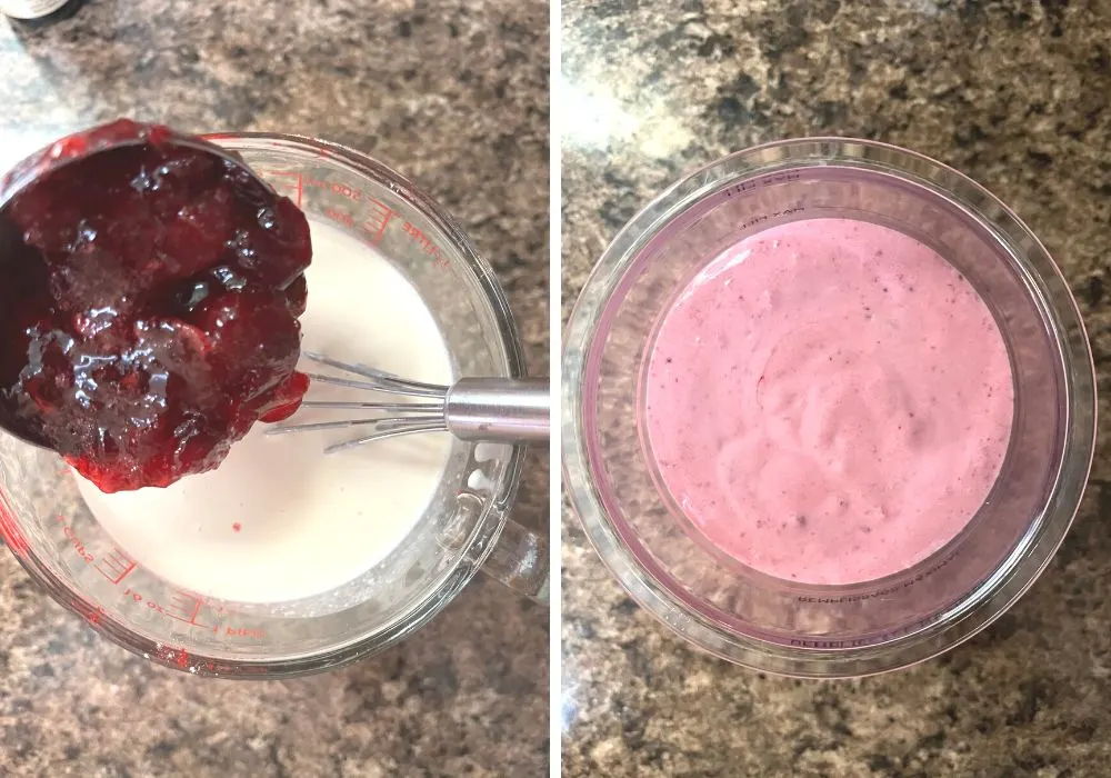 two photos; one shows whole berry cranberry sauce being added to the milk mixture. The other shows the blended ice cream base in a Ninja Creami pint container.