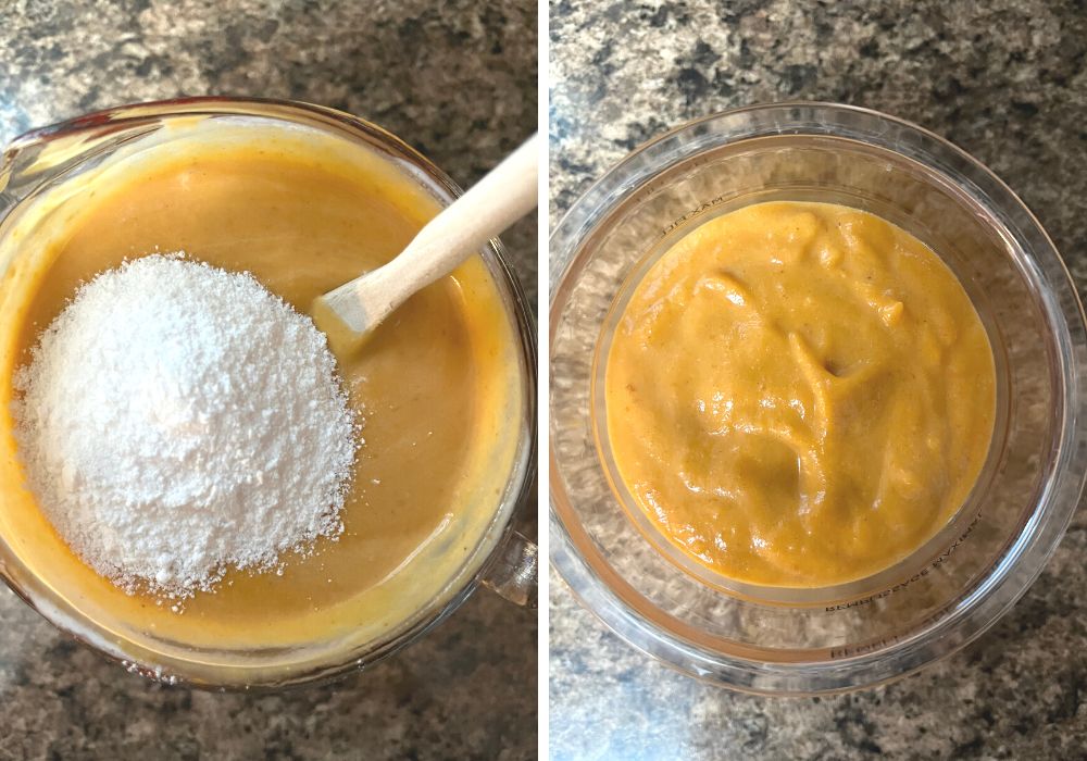 two photos; one shows pudding mix added to the pumpkin mix; the other shows the mixture in a ninja creami pint container before freezing.