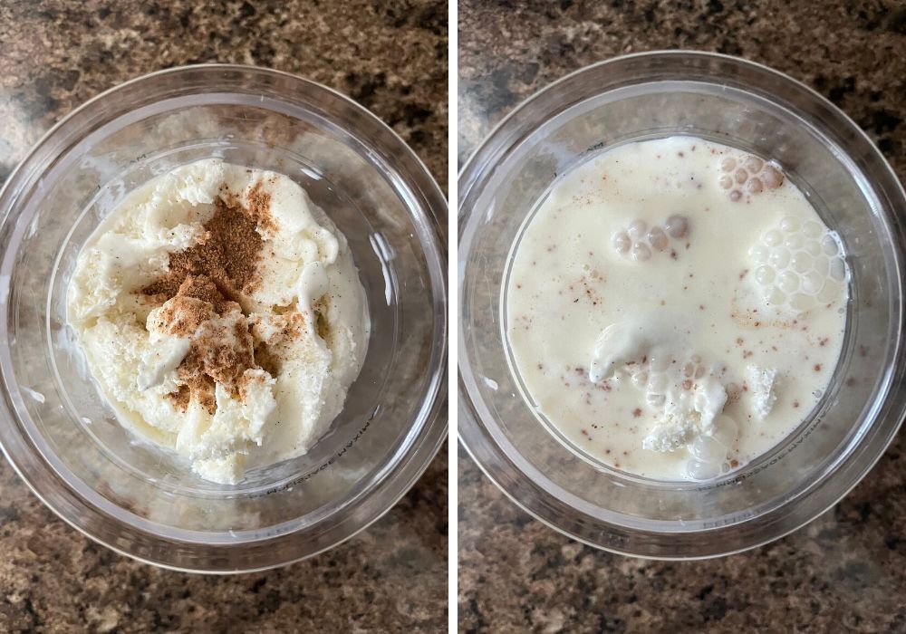 two photos; one shows vanilla ice cream and ground nutmeg in a ninja creami pint container, the other shows eggnog poured on top of the ice cream.