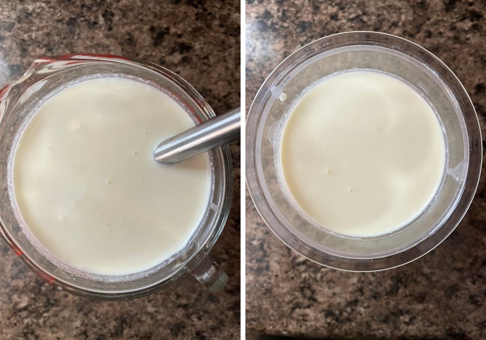 two photos; one shows heavy cream and cake batter extract whisked into the ice cream base, the other shows the mixture poured into a Ninja Creami pint container.