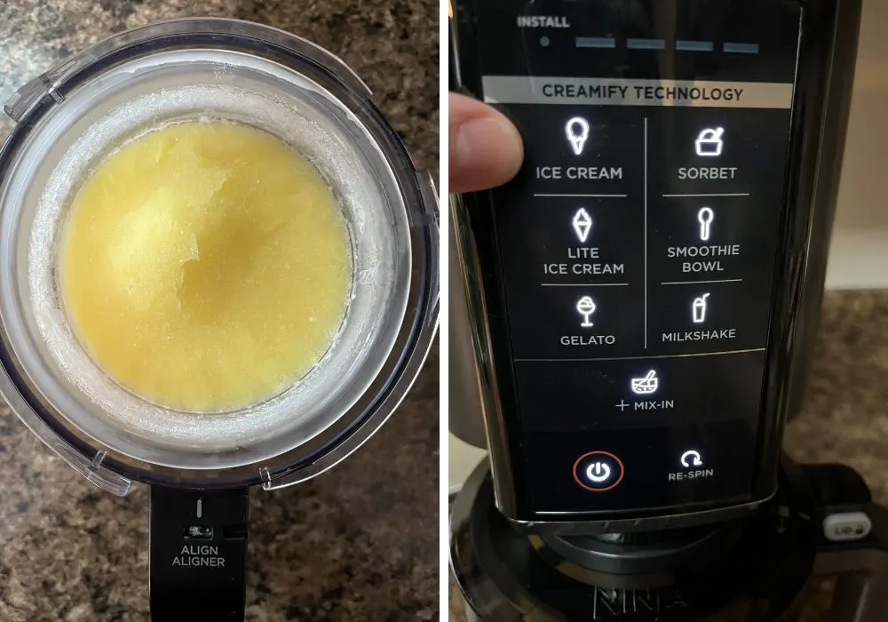 two photos; one shows frozen ice cream base in the outer bowl, the other shows a finger pointing to the ice cream button on the ninja creami machine
