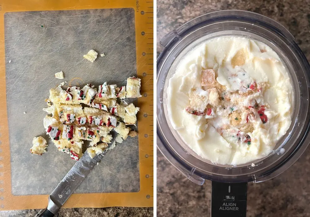 two photos; one shows finely chopped Christmas Tree cake pieces, the other shows the pieces added to the ninja creami pint container.