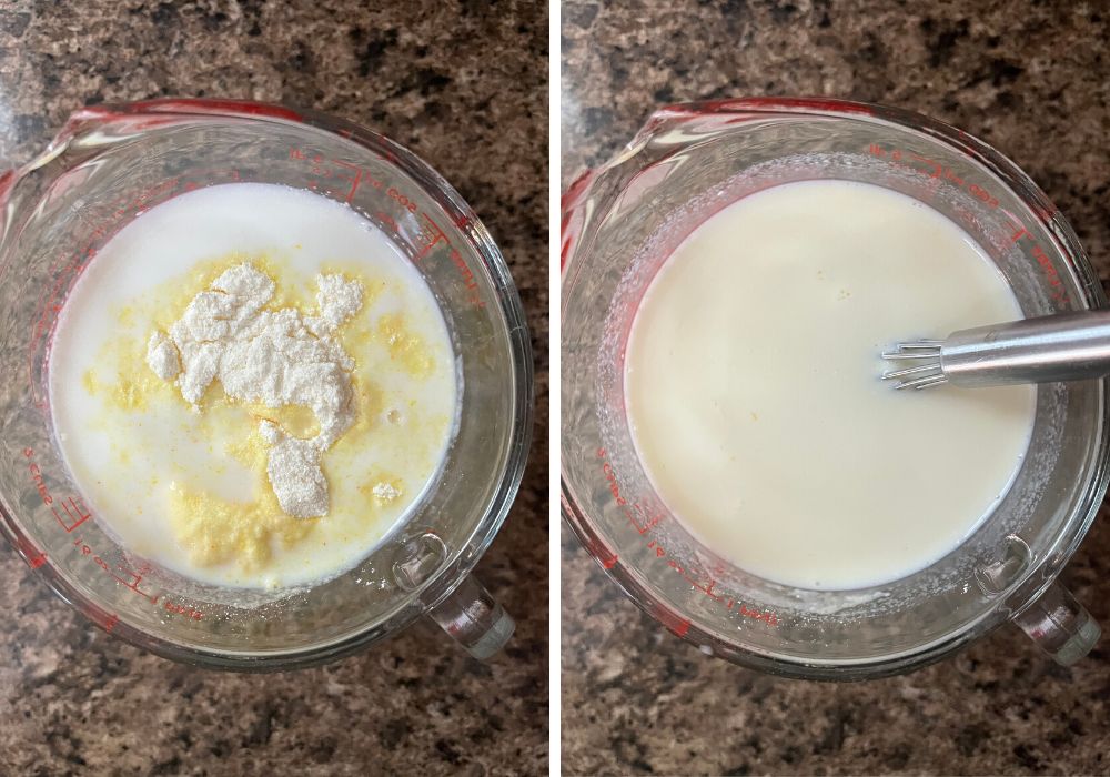 two photos; one shows instant vanilla pudding mix sprinkled into milk, the other shows the ingredients whisked together.