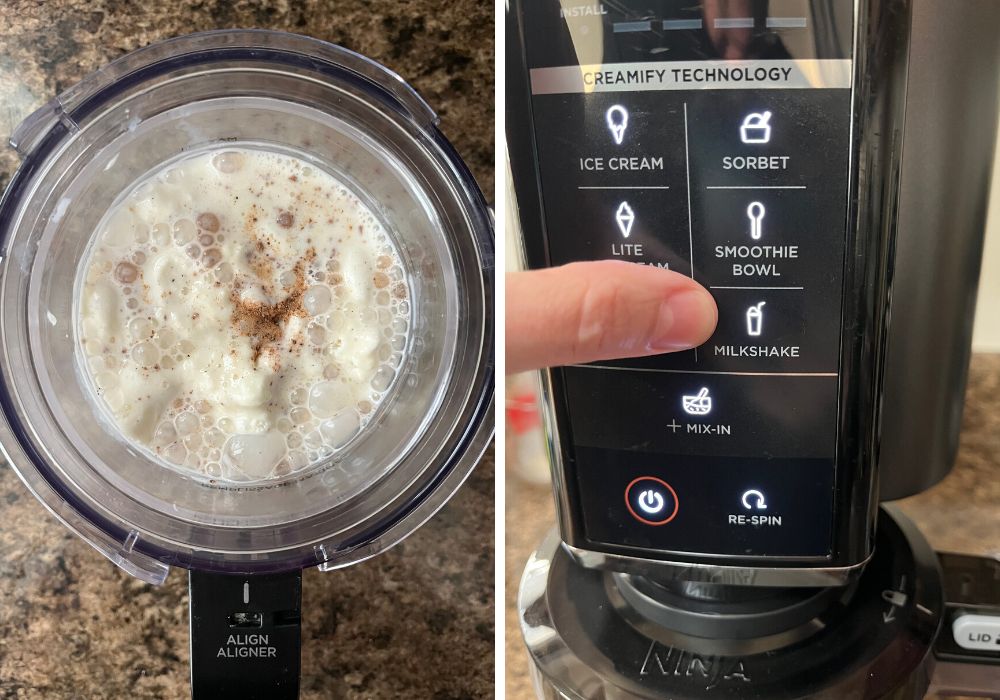 two photos; one shows pint container of eggnog, ice cream, and nutmeg in the outer bowl, the other shows a finger pointing to the milkshake function on a ninja creami machine.
