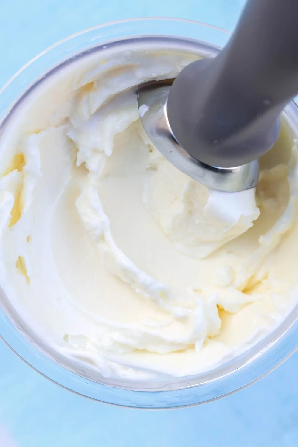 close-up overhead view of a pint of Ninja Creami vanilla ice cream made with Cool Whip
