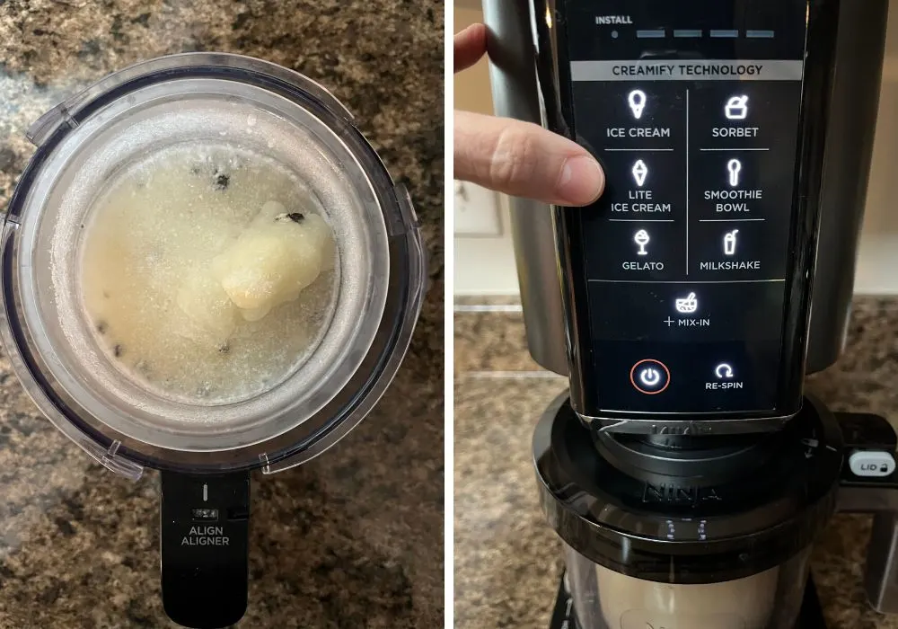two photos; one shows the frozen base for Oreo protein ice cream, the other shows the pint in the Ninja Creami machine, with a finger pointing to the Lite Ice Cream button.