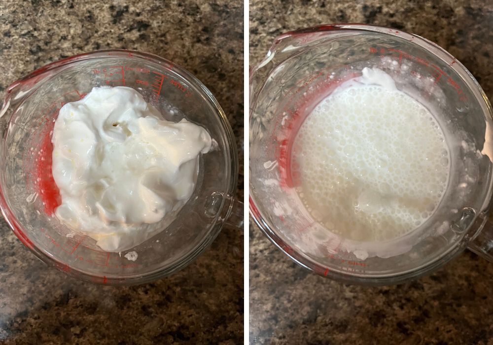 two photos; one shows Cool Whip added to the milk and pudding mixture in a glass measuring cup. The other shows the Cool Whip blended into the milk.