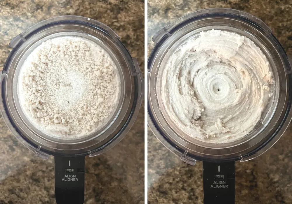 two photos; one shows Oreo protein ice cream after the first spin, which is crumbly. The other shows the ice cream after a Re-spin, so it's creamy.