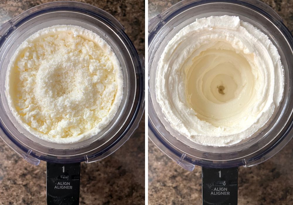 two photos; one shows crumbly cool whip ice cream after the first spin in the ninja creami, the other shows the ice cream after a re-spin