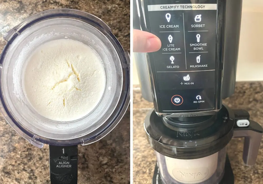 two photos; one shows frozen cool whip ice cream base in a pint container, the other shows the pint inserted into the Ninja Creami, with a finger pointing at the Lite Ice Cream button