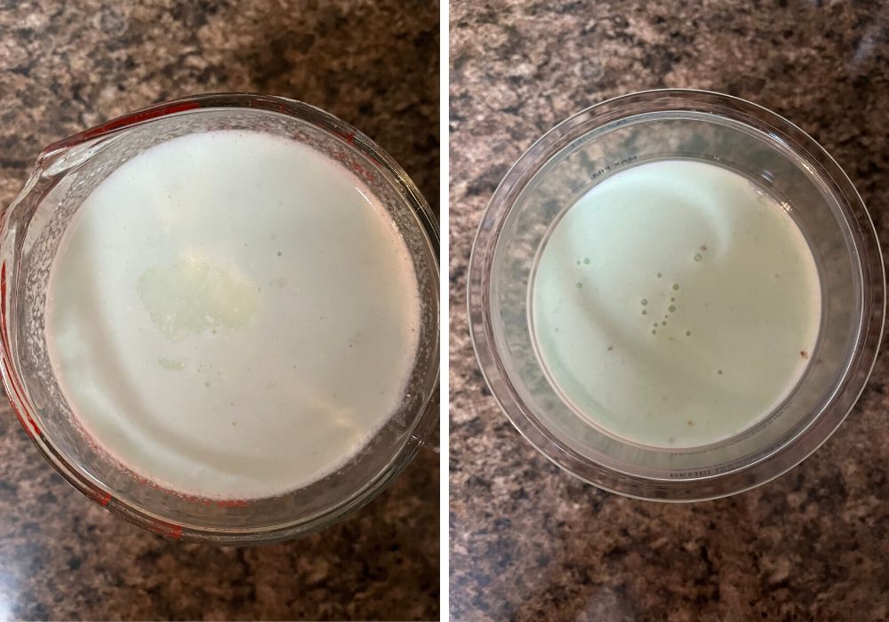 two photos; all ingredients mixed in a large liquid measuring cup; the other photo shows the mixture poured into a Ninja Creami pint container.