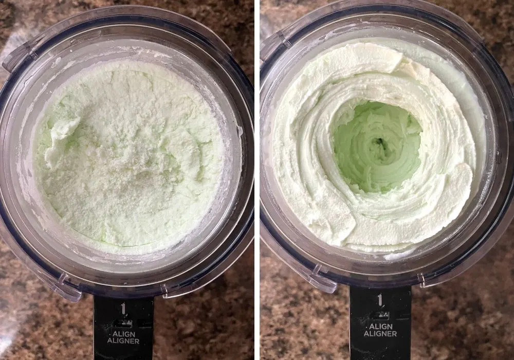Two photos; one shows crumbly pistachio ice cream in the ninja creami container, the other shows the ice cream after a Re-spin.