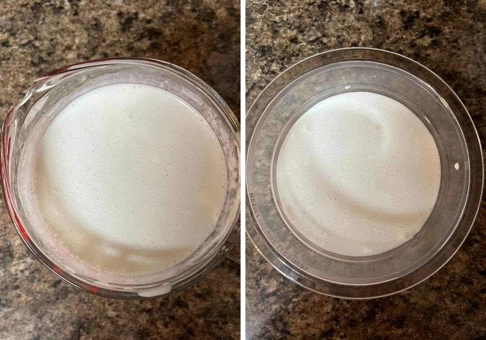 two photos; one shows remaining milk and vanilla extract added to the bowl, the other shows the mixture transferred to a Ninja Creami pint container.