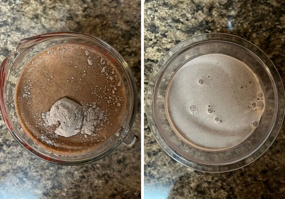 two photos; one shows pudding mix in chocolate milk, the other shows the mixture blended together in a ninja creami pint container.
