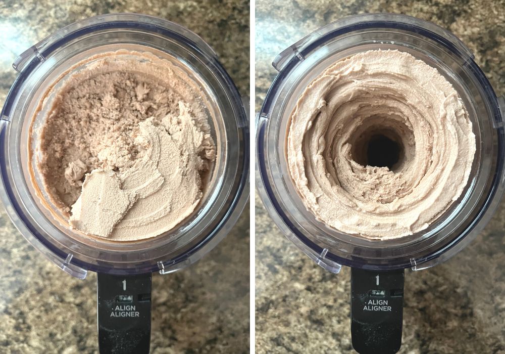 two photos; one shows crumbly Ninja Creami Frosty ice cream, the other shows the ice cream after Re-spinning.