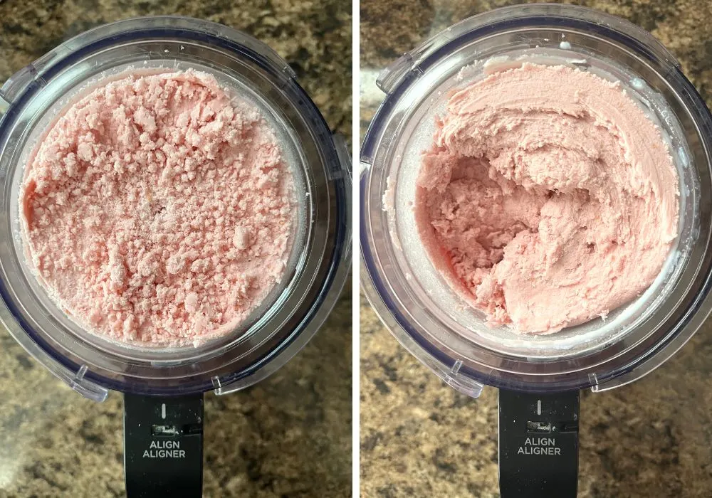 two photos; one shows crumbly raspberry ice cream after the initial spin in the ninja creami; the other shows the ice cream after re-spinning.