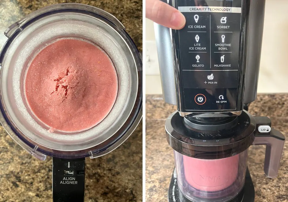 two photos; one shows frozen raspberry ice cream base in the outer bowl of the ninja creami; the other shows the pint inserted into the machine and a finger pointing to the ice cream button.