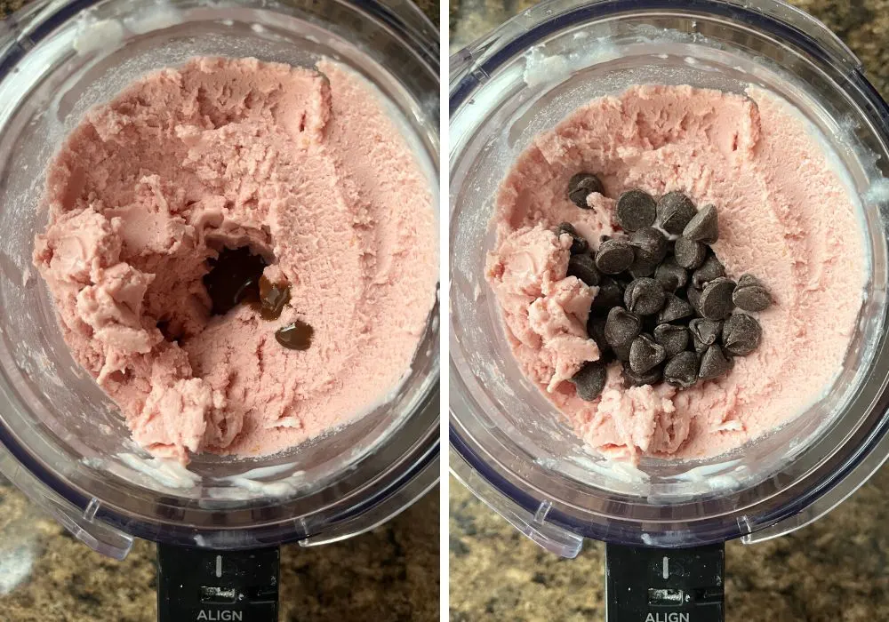 two photos; one shows magic shell poured into the well of the raspberry ice cream, the other shows chocolate chips added to the well.