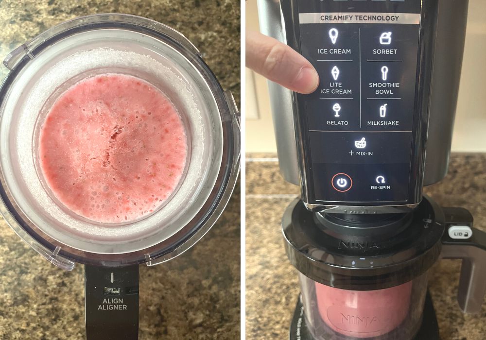 two photos; one shows frozen strawberry yogurt base in the outer bowl; the other shows the outer bowl in the Ninja Creami machine with a finger pointing to the Lite Ice Cream button.