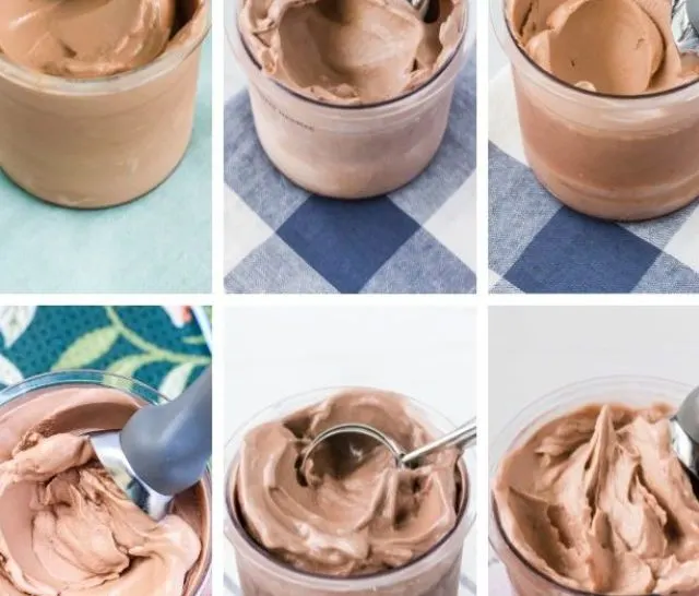 collage of six photos of various Ninja Creami chocolate ice cream recipes, all made with different ingredients.