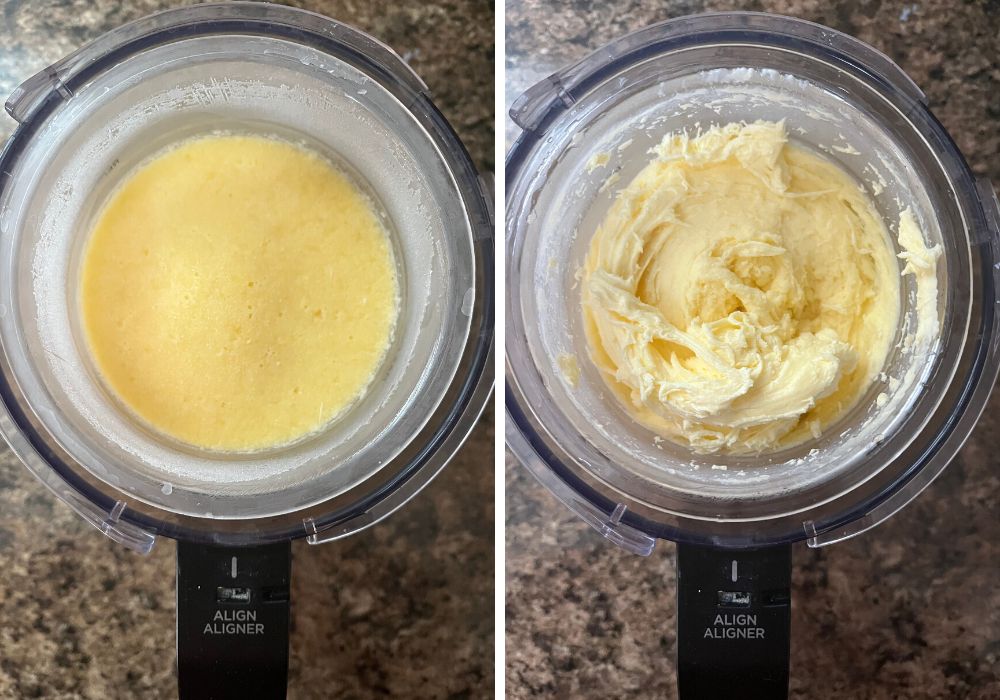 two photos; one shows frozen base for protein dole whip, the other shows the dole whip after spinning in the ninja creami
