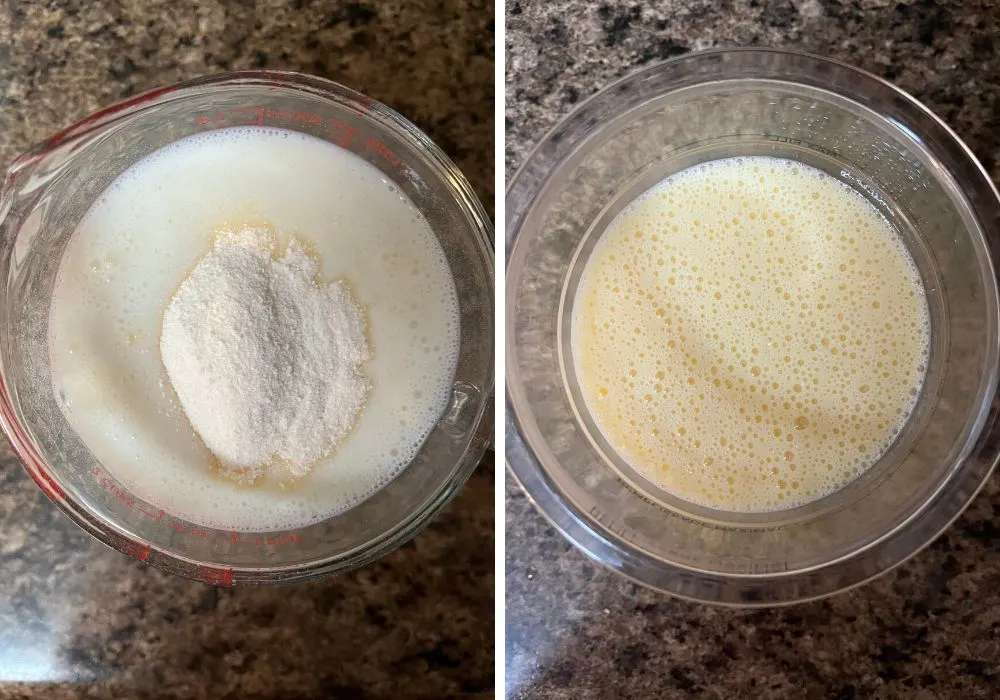 two photos; one shows dole pineapple soft serve mix added to vanilla protein shake, the other shows the ingredients mixed together in a ninja creami pint container.