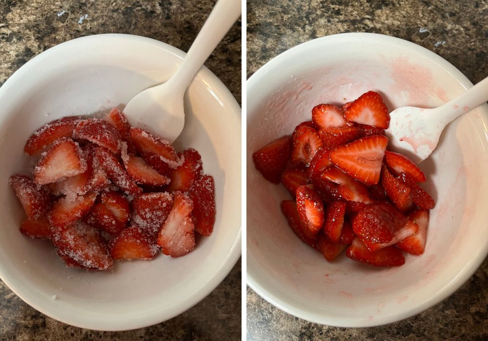 two photos; one shows strawberries mixed with sweetener, the other shows the macerated berries in the syrupy juices they released.