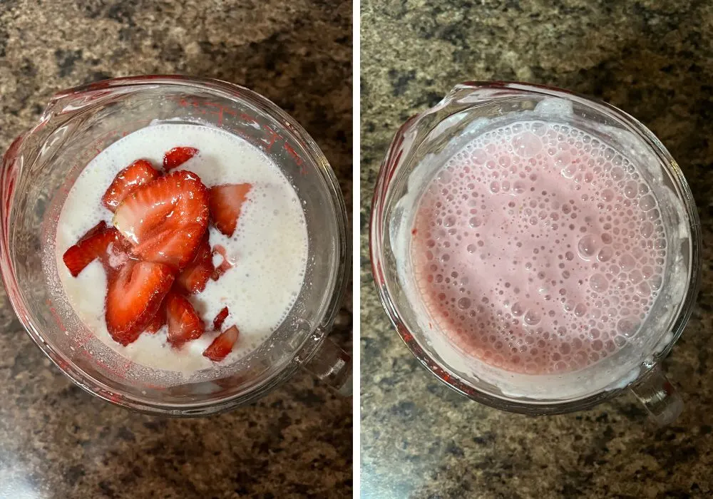 two photos; one shows strawberries added to milk and yogurt, the other shows the mixture blended together.