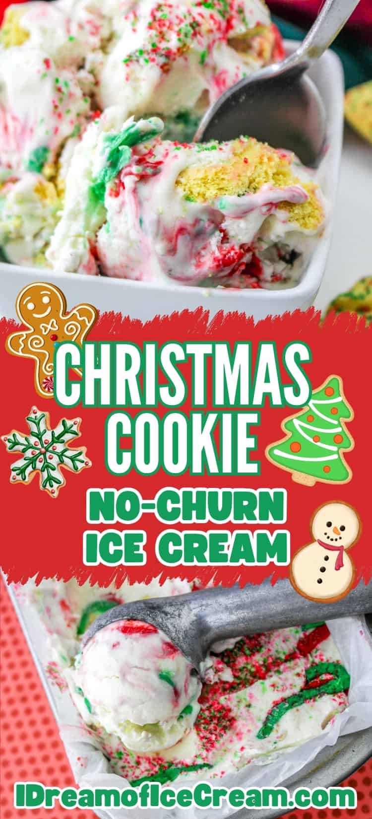 two photos; one shows a scoop of Christmas cookie ice cream in a white bowl; the other shows an ice cream scoop tool scooping out a serving from a loaf pan.