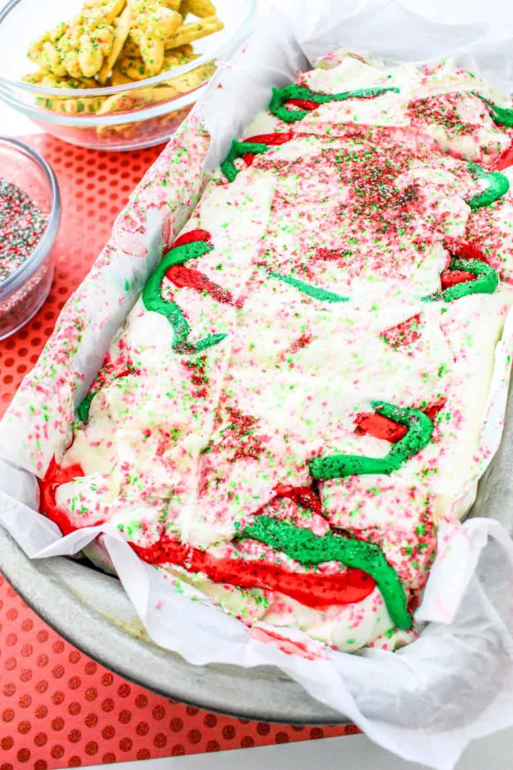 view of Christmas cookies and cream ice cream in a loaf pan, after freezing.