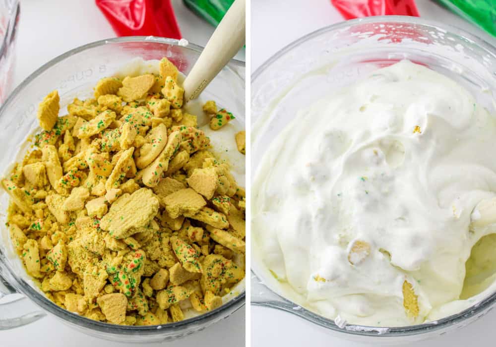 two photos; one shows chopped Christmas cookies added to the ice cream base; the other shows the cookie pieces mixed into the base.