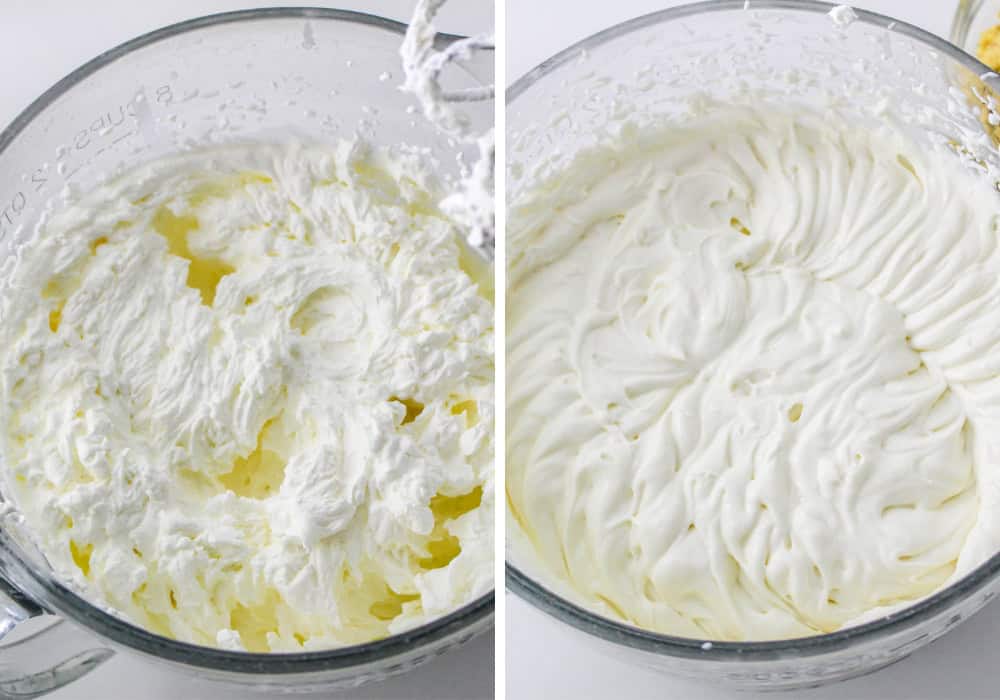 two photos; one shows heavy cream beaten to stiff peaks; the other shows sweetened condensed milk and vanilla extract mixed in.
