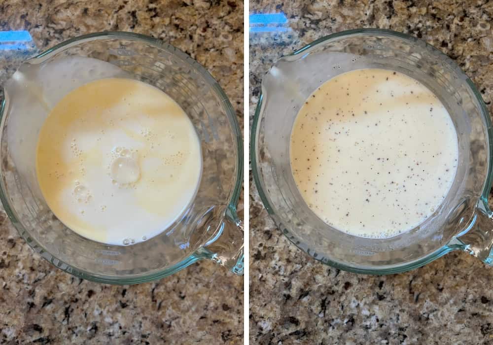 two photos; one shows eggnog, milk, and nutmeg in a measuring cup; the other shows the ingredients mixed together.