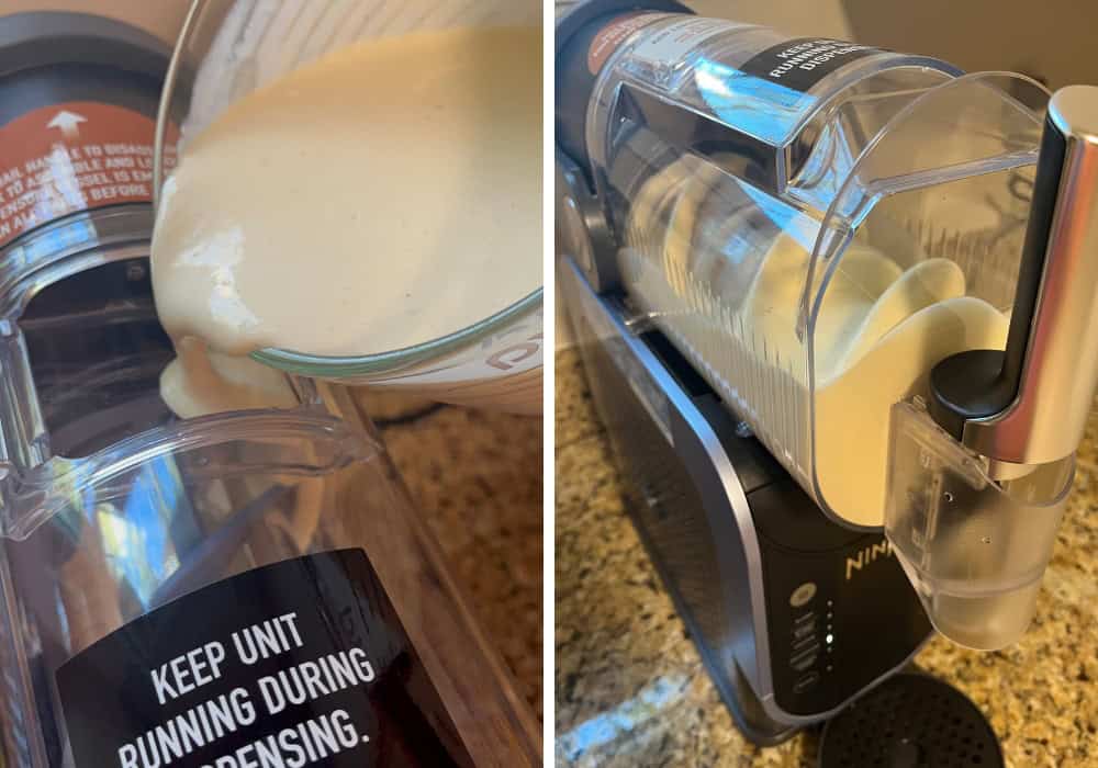 two photos; one shows the eggnog mixture being poured into the Ninja Slushi machine; the other shows the Ninja Slushi churning the eggnog mixture to create a milkshake.