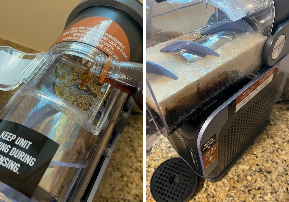 two photos; one shows root beer being poured into the opening of the Ninja Slushi machine. The other shows the root beer, Half & Half, and vanilla extract being churned by the auger.