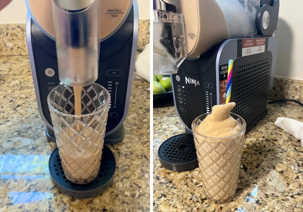 two photos; one shows the root beer slushie being dispensed from the Ninja Slushi machine; the other shows the glass of slush next to the machine.