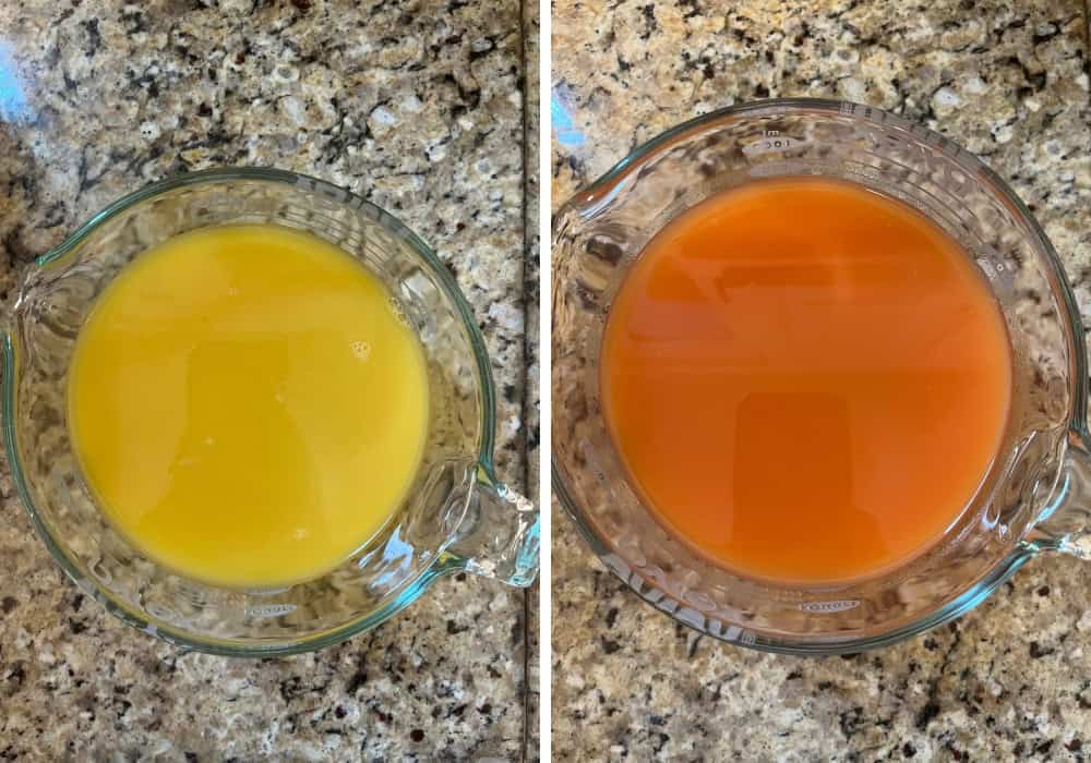 two photos; one shows pineapple juice in a glass measuring cup; the other shows orange juice and strawberry syrup added to the liquid.