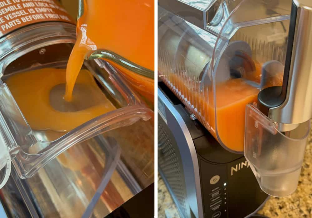 two photos; one shows the tropical juices being poured into the top of the Ninja slushi machine; the other shows the mixture beginning to churn.