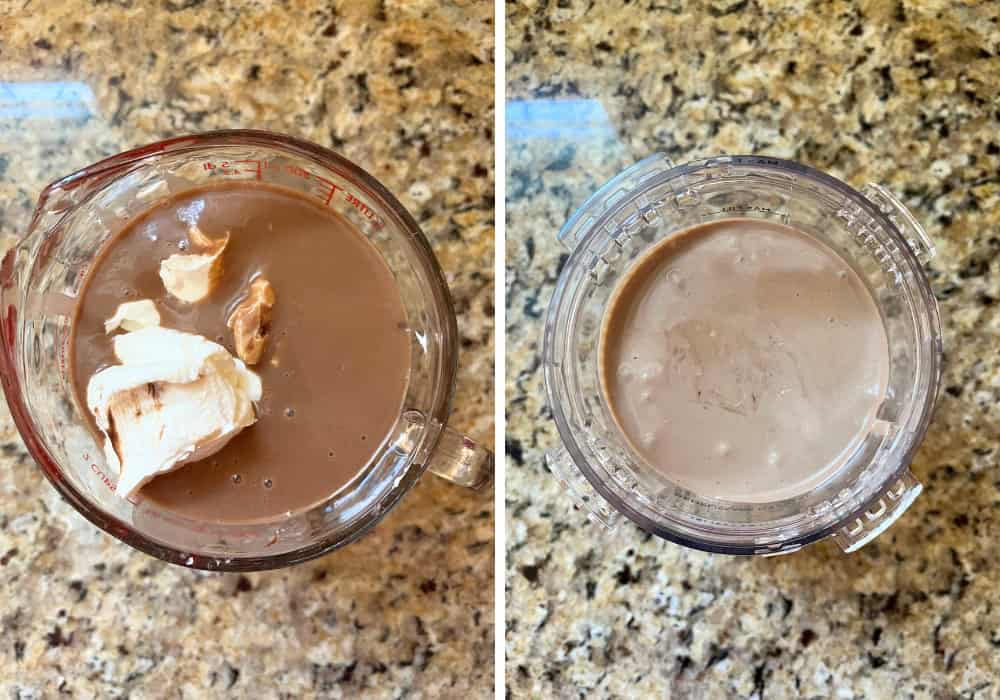 two photos; one shows greek yogurt added to the banana nutella mixture; the other shows the ingredients blended together and poured into a Ninja Creami Swirl pint container.