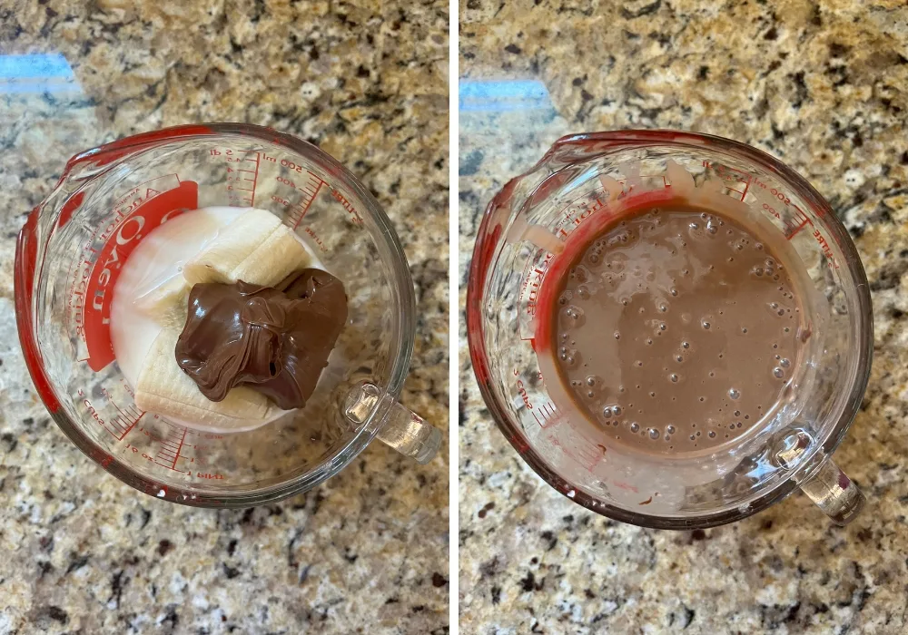 two photos; one shows milk, banana, and Nutella in a liquid measuring cup; the other shows those ingredients blended together.
