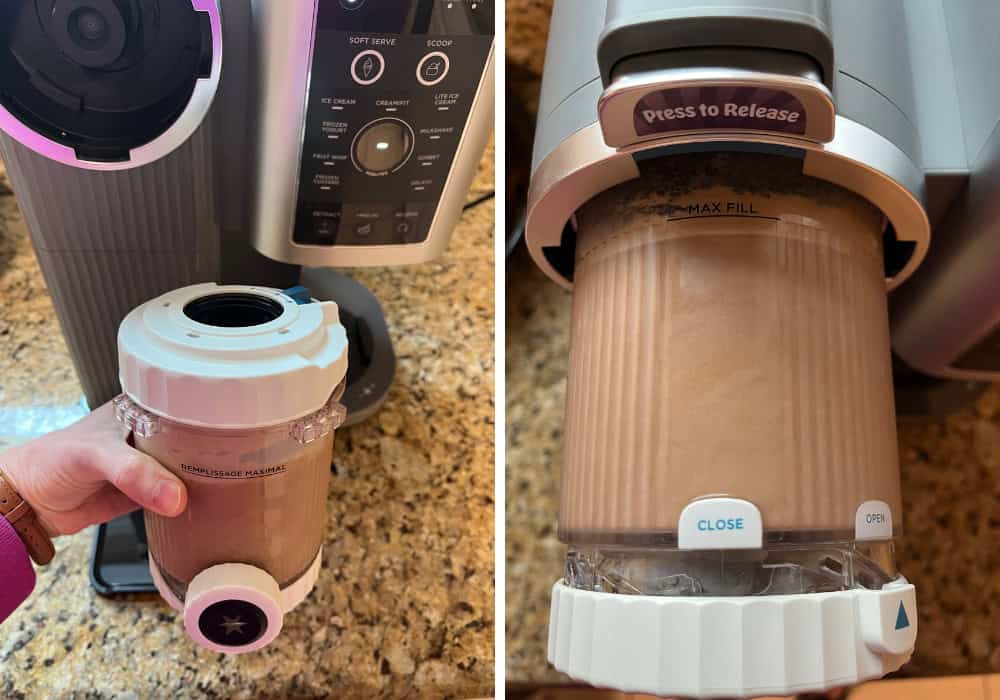 two photos; one shows the dispensing lid on the Ninja Creami pint of chocolate banana frozen yogurt; the other shows the dispenser set to the Open position.
