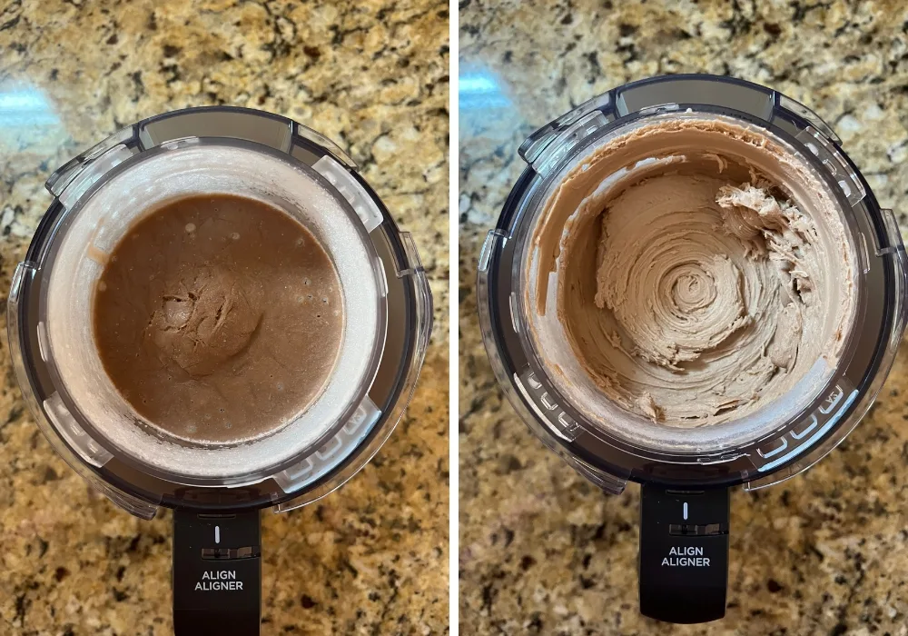 two photos; one shows the frozen base of the frozen yogurt in the outer bowl; the other shows the froyo after being processed in the Ninja Creami, and it's nice and creamy.