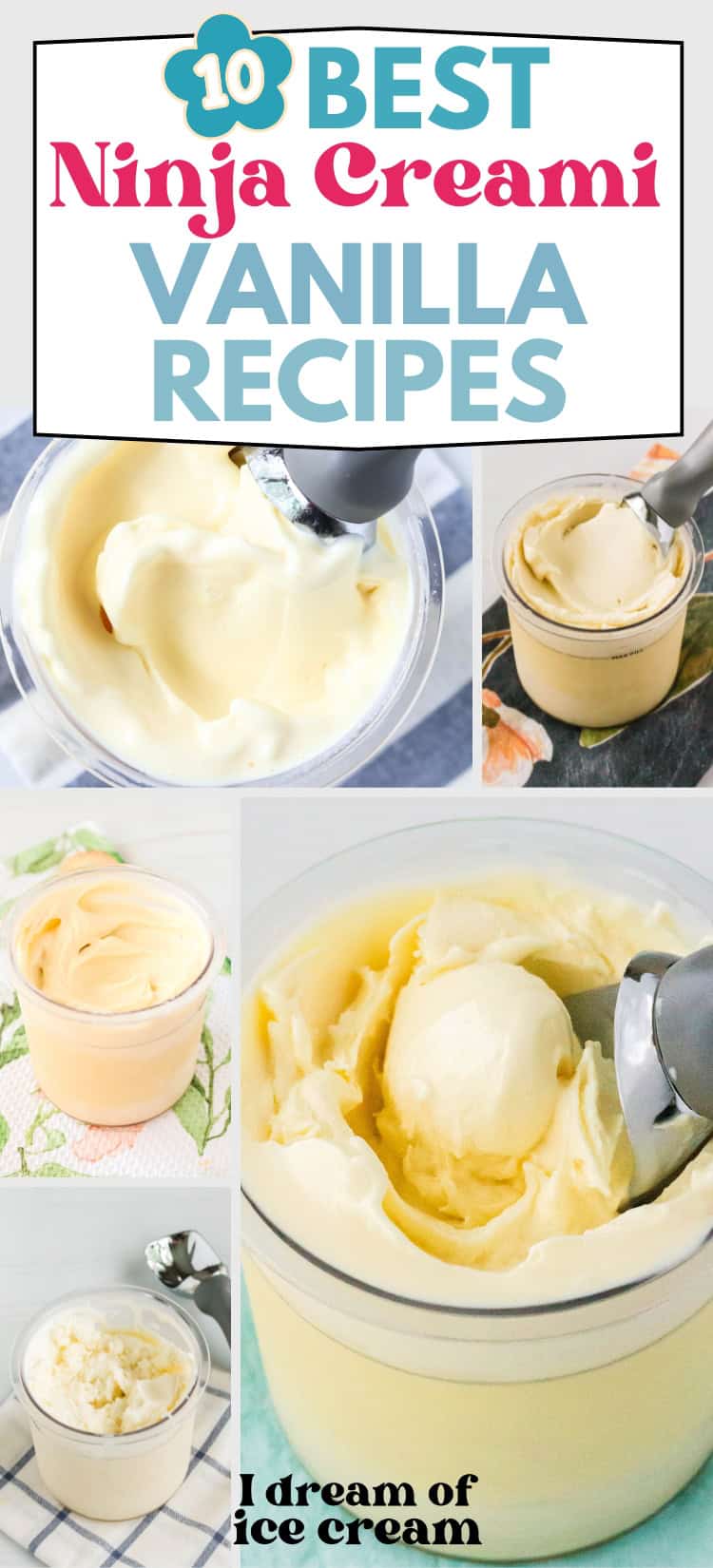 collage image featuring five different vanilla recipes for the Ninja Creami machine.