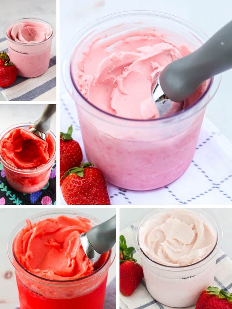 Collage image featuring five photos of Ninja Creami strawberry recipes.