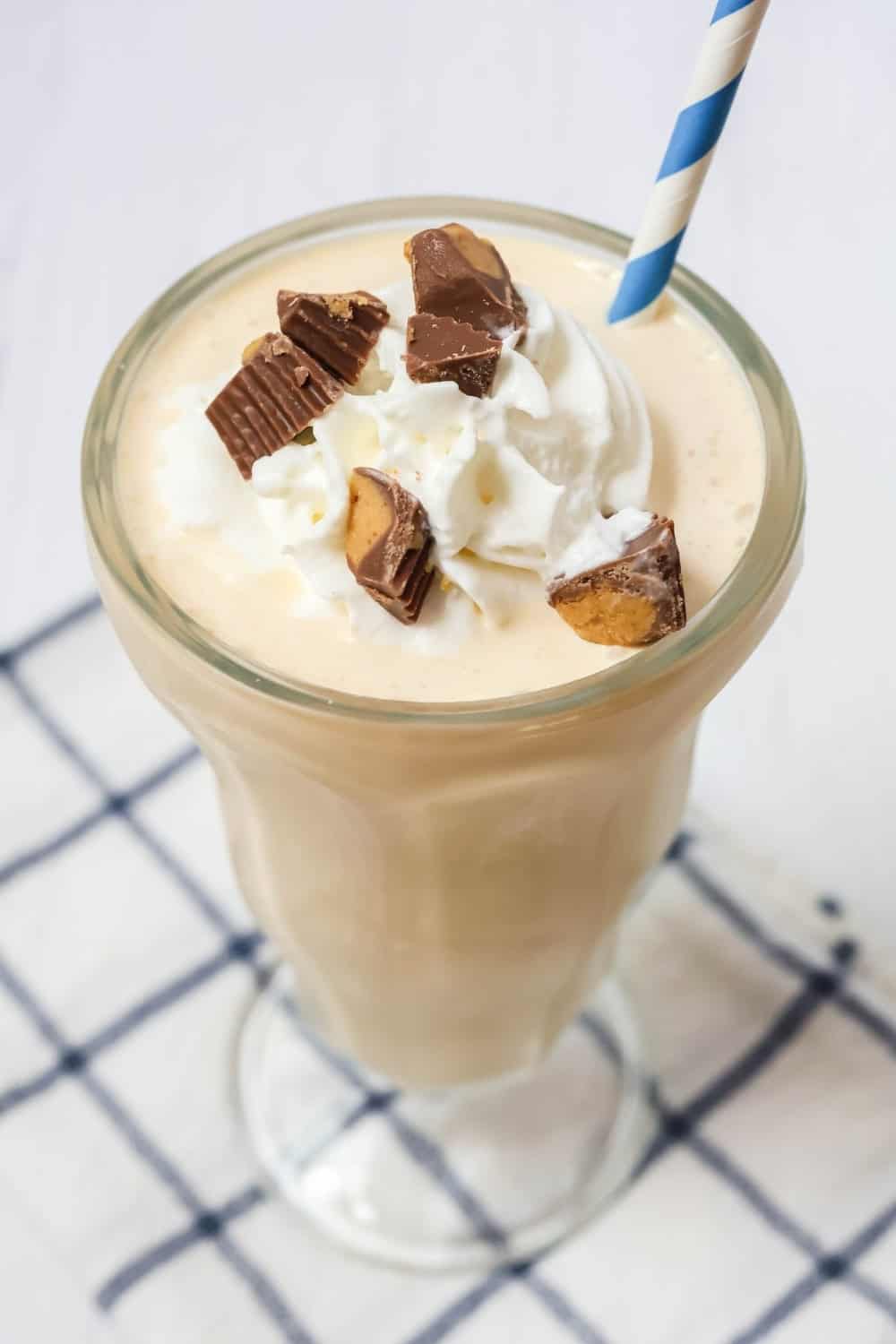 close-up detailed view of a peanut butter milkshake made in the Ninja Creami machine.