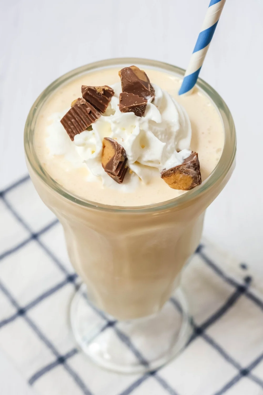 close-up detailed view of a peanut butter milkshake made in the Ninja Creami machine.